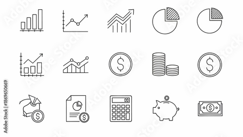Financial Growth and Investment Icons Charts, Graphs, Money, and Piggy Banks
