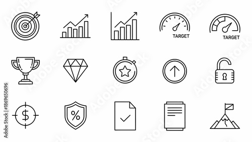 Collection of outline icons representing business growth, finance, success, and achievement, perfect for presentations and web design