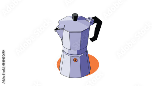 Classic silver moka pot coffee maker casting a shadow on a white background with an orange circular accent.