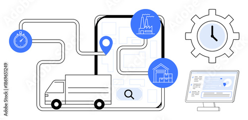 Logistics, supply chain, transportation, delivery tracking, inventory management, shipment optimization. Delivery truck mapped to facilities, icons thumbs up stopwatch gear and computer. Logistics