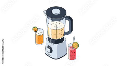 Kitchen blender mixing a healthy smoothie surrounded by two glasses of fresh fruit juice with orange slices.