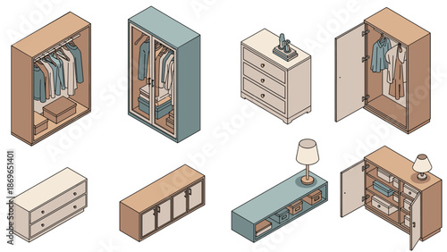 Collection of various wooden and blue cabinets, wardrobes, and chest of drawers with clothes and accessories.