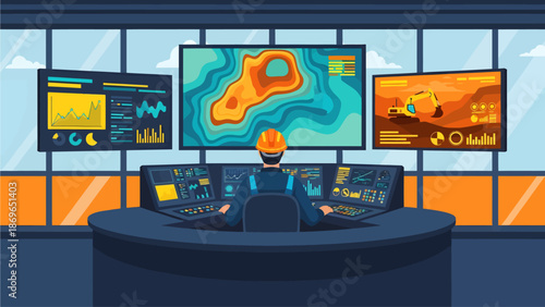 A helmeted operator in a high-tech control room oversees remote mining logistics on panoramic screens displaying geological heat maps, statistical performance data, and heavy excavation machinery