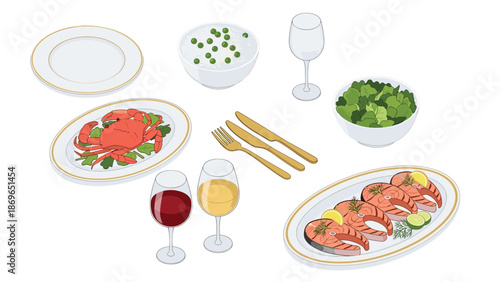 Seafood dinner arrangement with a whole crab, grilled salmon steaks, salad, rice with peas, and glasses of wine.