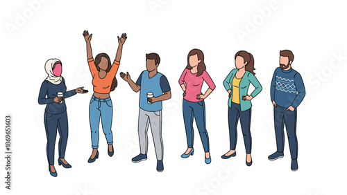 Group of diverse people standing together and interacting while holding coffee cups in a social setting.