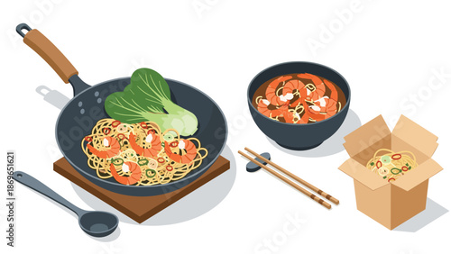 Selection of asian cuisine dishes featuring shrimp noodles in a pan, soup, and a takeaway container.