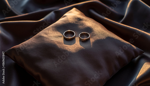 Two rings on a silk fabric, soft shadows, luxury romantic mood