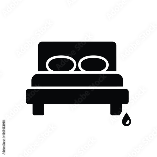Vector illustration icon a black and white icon of a bed with a single tear drop falling from the bed frame isolated on white background