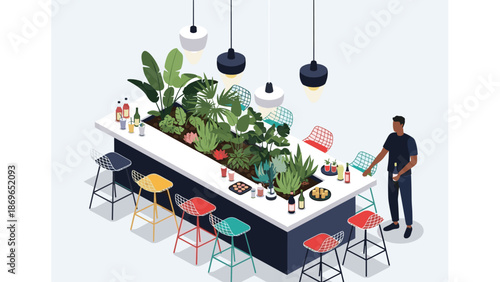 Modern lounge bar area featuring a long white table with an integrated plant garden, colorful stools, and people.
