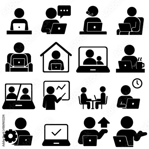 在宅ワークとビジネス業務を表す人物アイコンセット