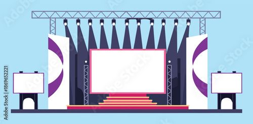 Illustrated stage setup with large screen and lighting equipment
