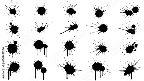 Set of black ink paint splatters and drips, grunge design elements, isolated white background