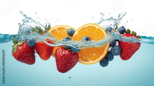 Fresh vibrant fruits such as strawberries, blueberries, and oranges splash in cool clear water on a white background, making a refreshing summer concept