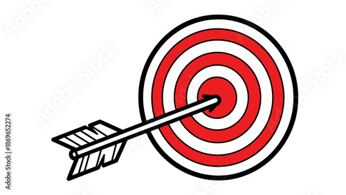 Arrow Hitting Bullseye on Target Board, Isolated White Background, Goal Achievement Concept