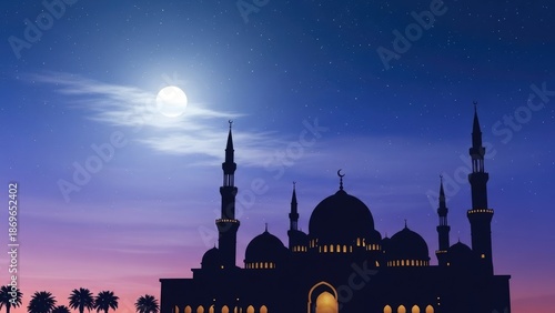 Mosque Silhouette at Sunset with Full Moon.