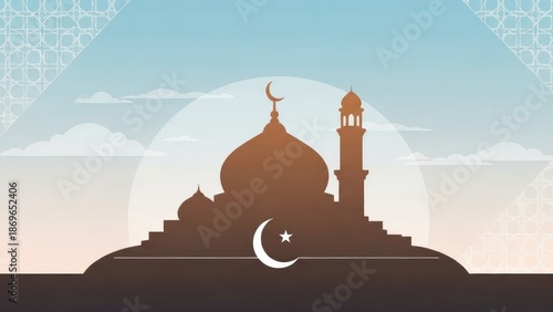 Mosque Silhouette with Crescent Moon Symbol.