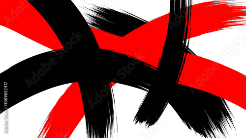 Bold abstract background with aggressive red and black paint brush strokes forming a cross or X symbol, on an isolated white background.