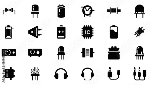 Comprehensive set of black electronic components and accessories icons including batteries, LEDs, connectors, integrated circuits, and headphones, on an isolated white background.