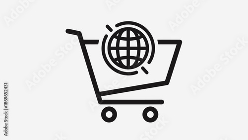 Online shopping cart icon with a global network symbol, representing worldwide e-commerce and international delivery, on an isolated white background.