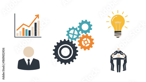 Business growth and innovation concept with a rising bar chart, interlocking gears, glowing lightbulb, businessman profile, and handshake, on an isolated white background.
