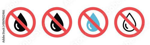 No water drop icons, prohibition signs showing no water resistant, vector illustration with water droplet symbols in black and red circle, ideal for apps, websites and vector design projects.