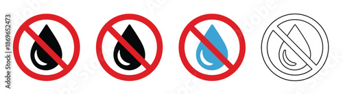 No water drop sign symbols, no water resistant icons, vector illustration, black and red prohibition signs, water droplets in circle, suitable for apps, websites, safety signage and vector graphics.