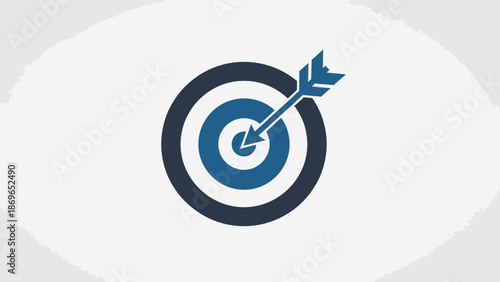 Blue Target Icon with Arrow Hitting Bullseye, Goal Achievement and Success Concept, Light Gray Background
