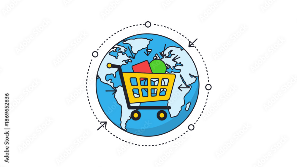 Naklejka premium Global E-commerce Concept with Shopping Cart on Planet Earth and Dynamic Transaction Arrows on Isolated White Background