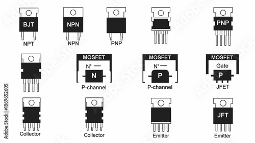 Electronic Transistor Types Icon Set, BJT, NPN, PNP, MOSFET, JFET, Isolated White Background