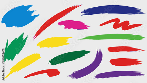 Set of Colorful Abstract Paint Brush Strokes and Artistic Splatters on Light Grey Background