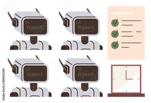 AI technology, automation, task efficiency, robotics, productivity, workflow management. Four robots labeled as agents, checklist and a clock. AI technology and automation concepts