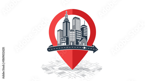 Red Map Pointer with Detailed Cityscape on Stylized Road Map Background for Urban Navigation