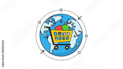 Global E-commerce Concept with Shopping Cart on Planet Earth and Dynamic Transaction Arrows on Isolated White Background