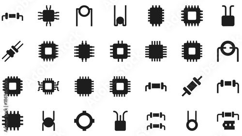 Set of Diverse Electronic Components Black Silhouette Icons on Isolated White Background
