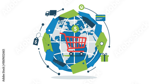 Global E-commerce Concept with Shopping Cart on Earth and Online Transaction Elements on Isolated White Background