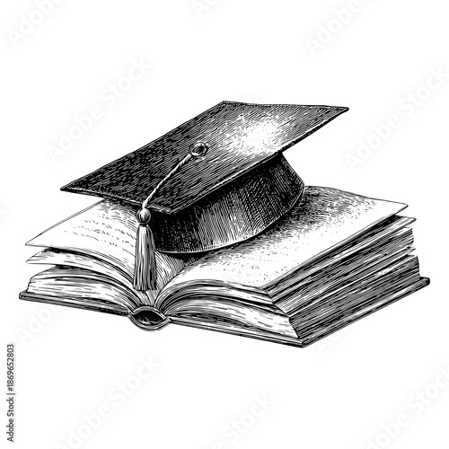 Graduation cap on a book with open pages and tassel