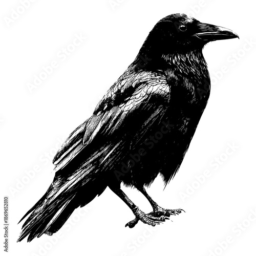 Raven stands on a solid surface with dark feathers