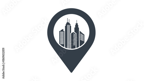 City skyline within a location pin icon on an isolated white background.