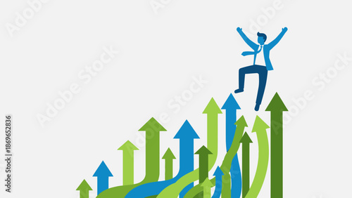 Happy Businessman Jumping on Growing Green Arrows, Celebrating Success and Achievement on isolated white background