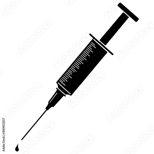 Syringe filled with liquid in a vertical position with a droplet