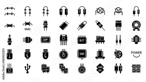 Comprehensive Set of Electronic Components Icons, Circuit Board Parts Symbols on isolated white background