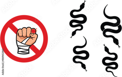 No snake warning symbol vector with fist prohibition sign and snake silhouettes set, flat graphic illustration perfect for safety signs, posters, and awareness designs