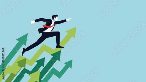 Determined Businessman Running Upwards on Green Arrows, Achieving Success and Growth in a Bright Light Blue Background