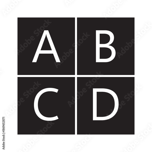 A B C D capital letters. The first 4 letter of the alphabet. A set of letters or symbols. White ABCD letters. White a b c d letters on black background