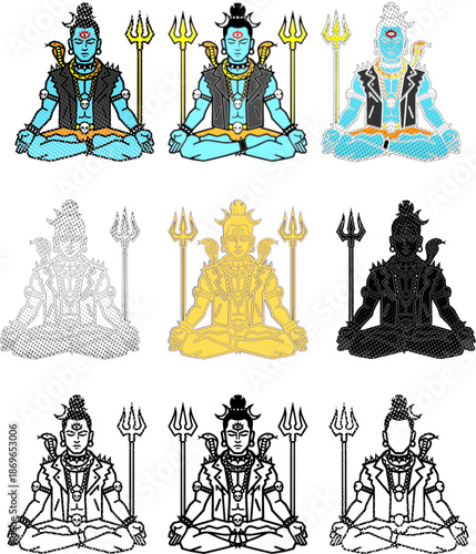 Lord Shiva vector illustration set featuring Mahadev seated in meditation with trident, presented in multiple styles including colored flat, gold, black filled, and detailed line art outline