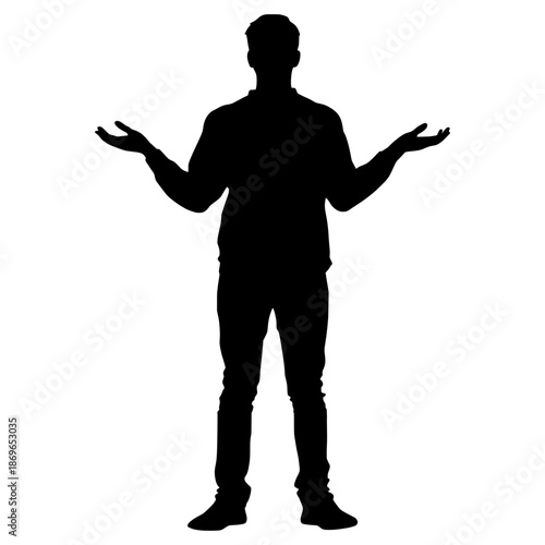 Person standing with arms raised, unsure in a neutral setting