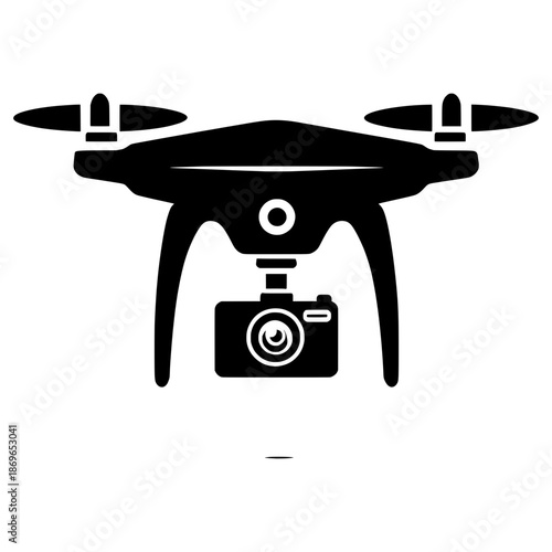 Drone with camera flies above ground for aerial photography tasks