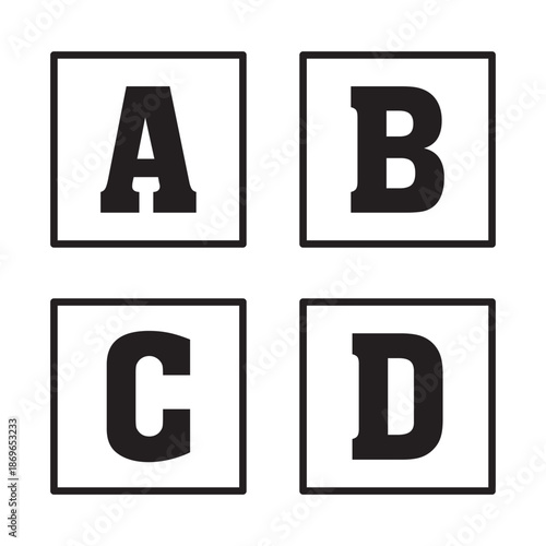 abcd characters. black abcd letter on red border. first 4 alphabet. the ABCD letters of the english alphabet on a white isolated background