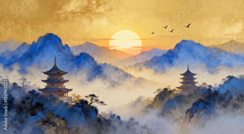 Sunset Over Mountain Pagodas with Birds