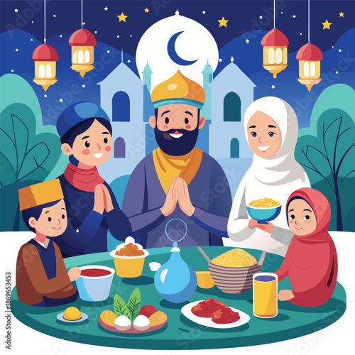 Muslim Family Having Iftar Together.Vector Art Icon.